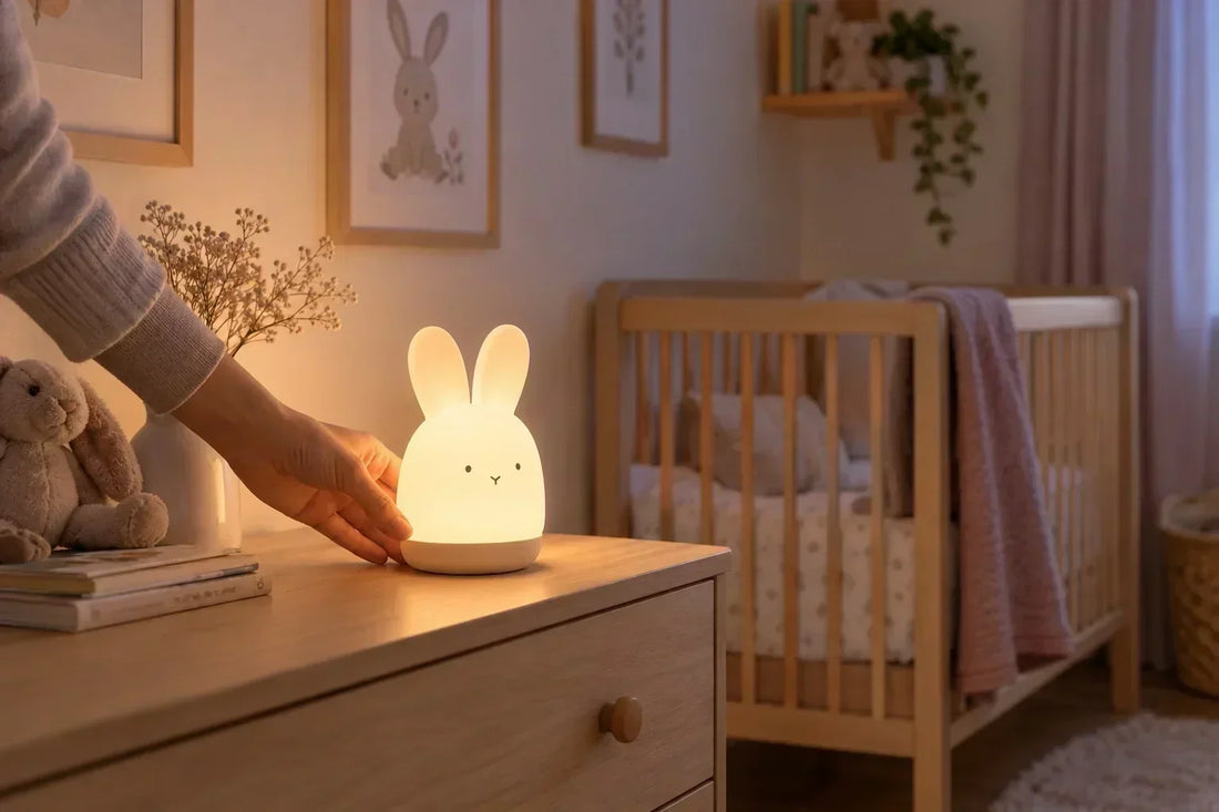 Veilleuse lapin diffusant une lumière douce sur un meuble à côté d’un lit de bébé