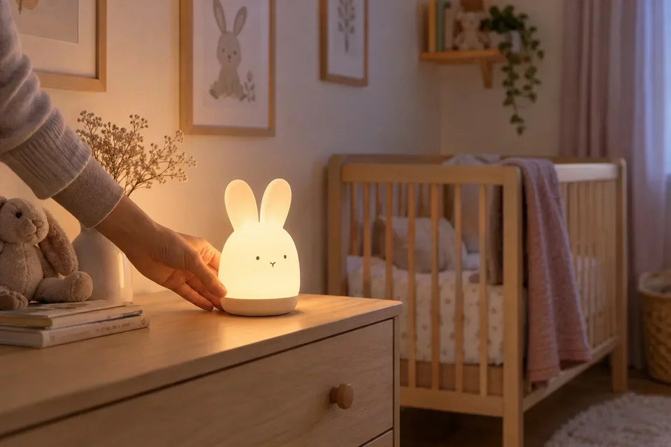 Veilleuse lapin diffusant une lumière douce sur un meuble à côté d’un lit de bébé