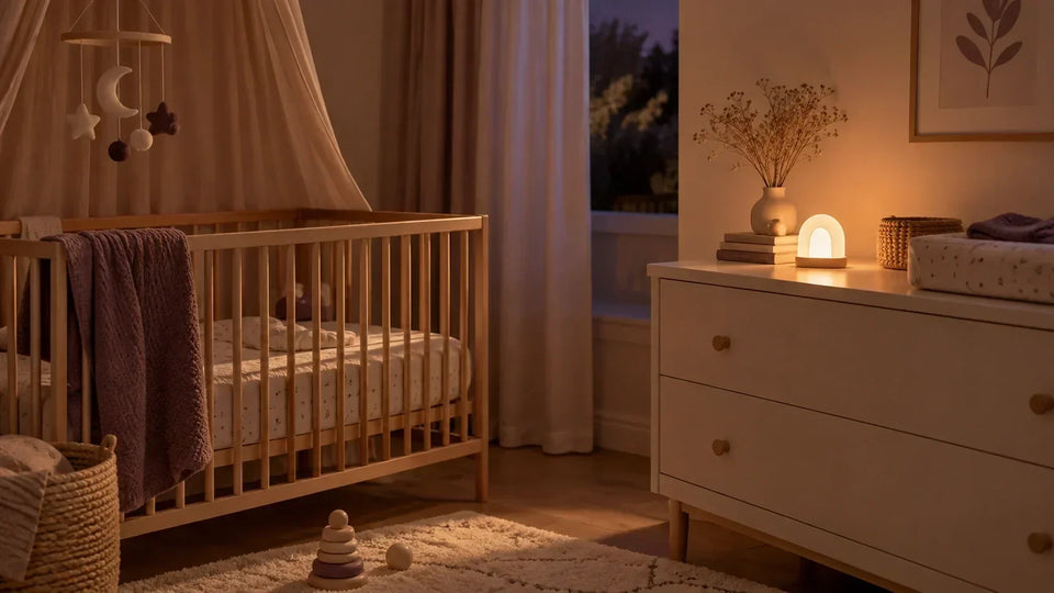 Veilleuse diffusant une lumière chaude dans une chambre de bébé en soirée