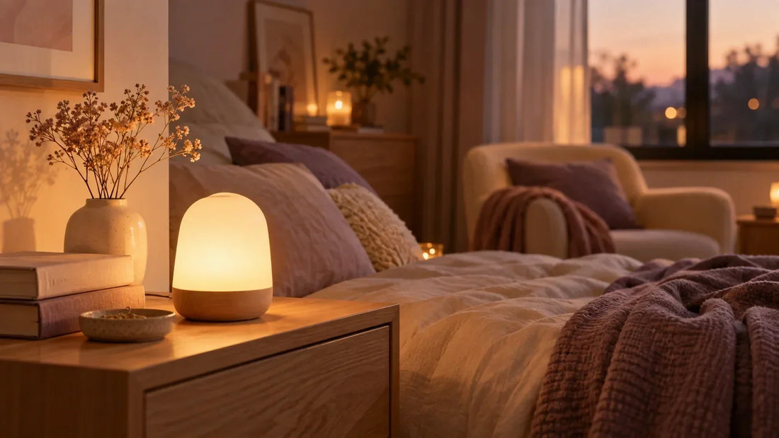 Veilleuse diffusant une lumière chaude sur une table de chevet dans une chambre