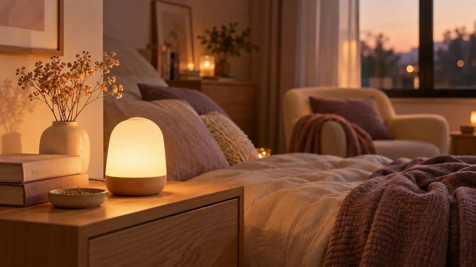 Veilleuse diffusant une lumière chaude sur une table de chevet dans une chambre