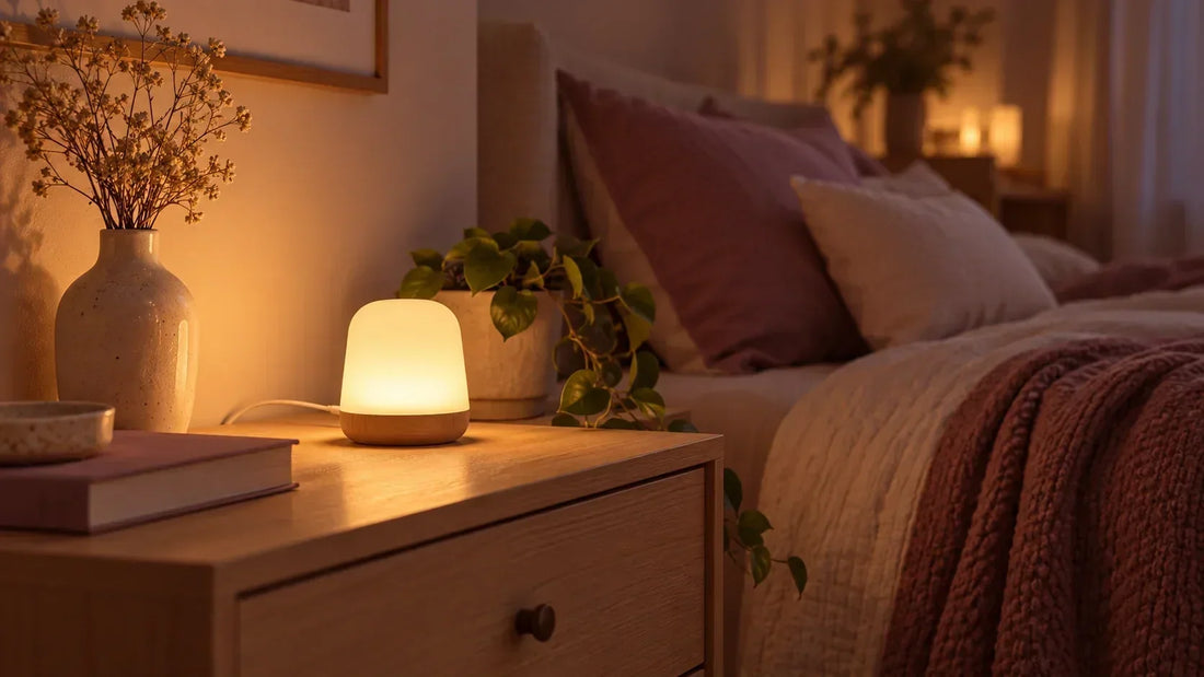 Veilleuse allumée sur une table de chevet dans une chambre avec câble d’alimentation discret