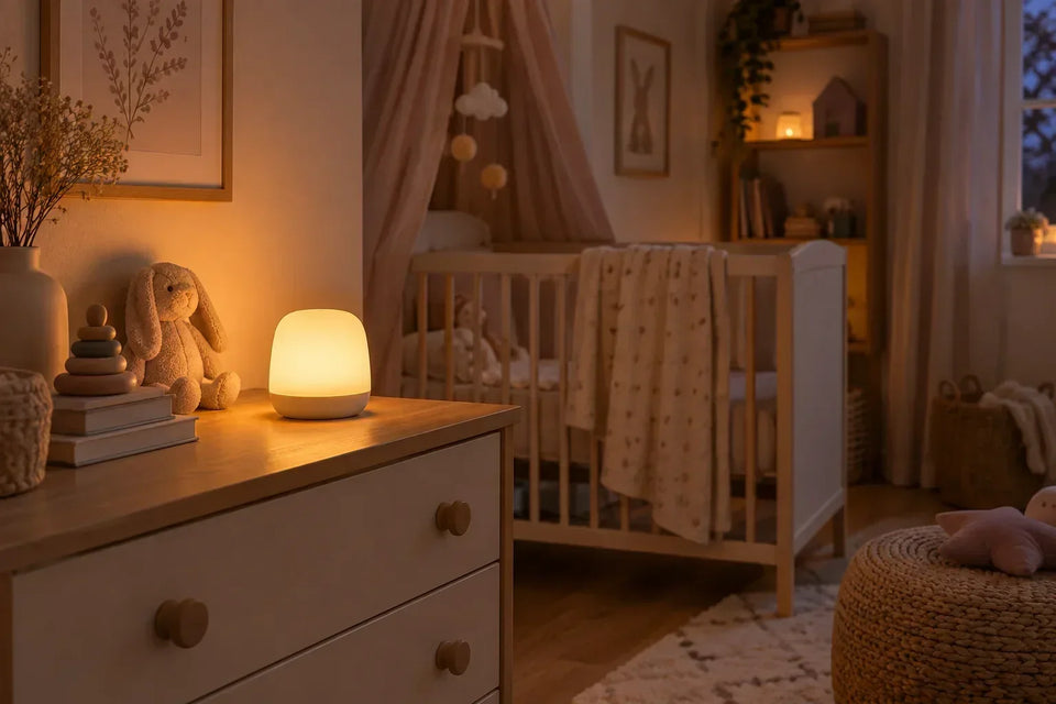 Veilleuse diffusant une lumière ambrée douce dans une chambre de bébé