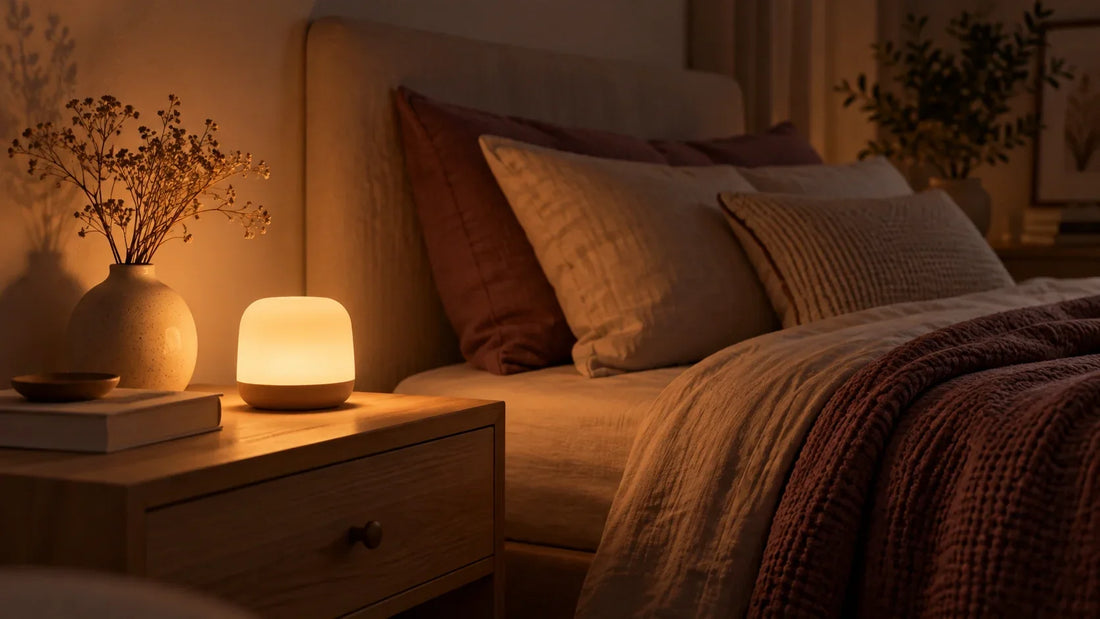 Veilleuse diffusant une lumière chaude et douce sur une table de chevet dans une chambre la nuit