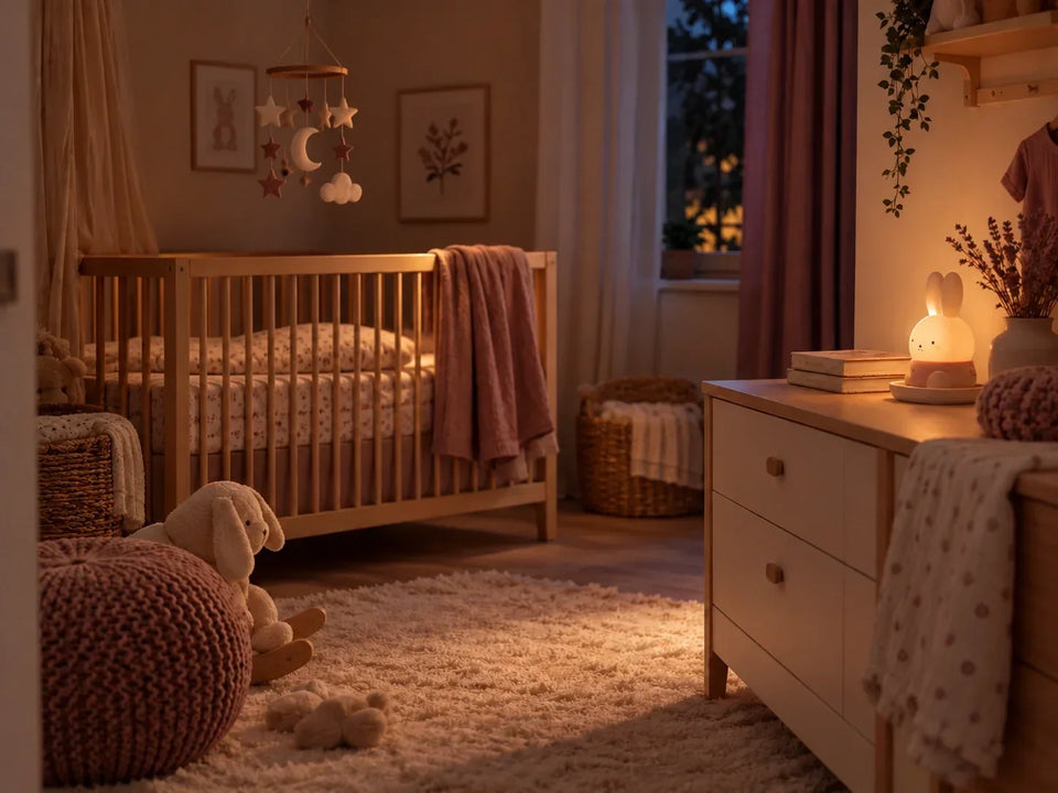 Veilleuse diffusant une lumière douce dans une chambre de bébé en soirée