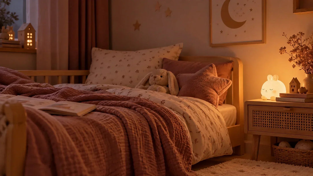 Veilleuse diffusant une lumière douce dans une chambre d’enfant le soir