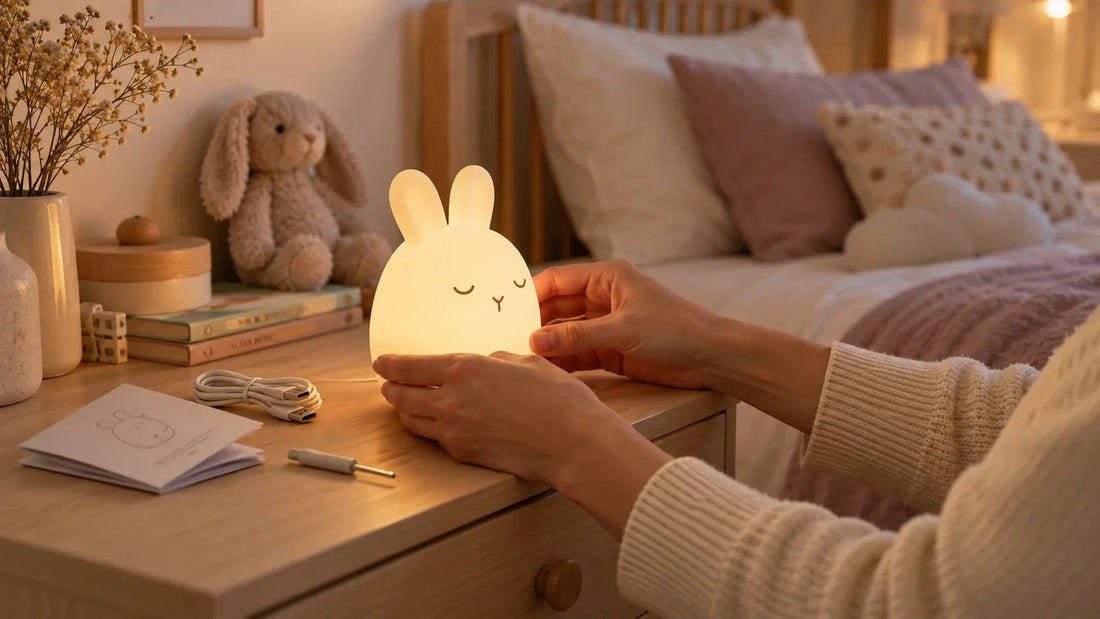 Adulte vérifiant une veilleuse pour enfant avec notice et câble de recharge dans une chambre
