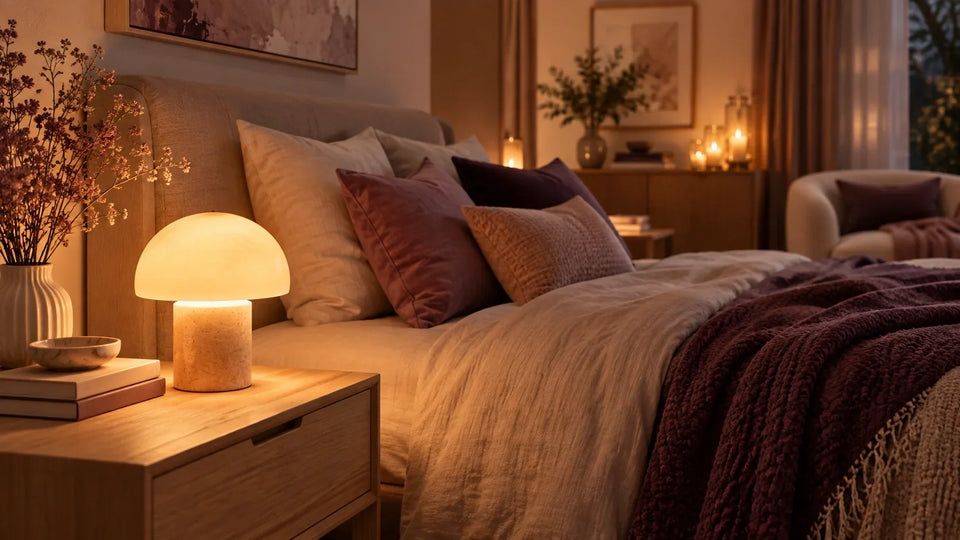 Veilleuse décorative diffusant une lumière chaude sur une table de chevet dans une chambre adulte