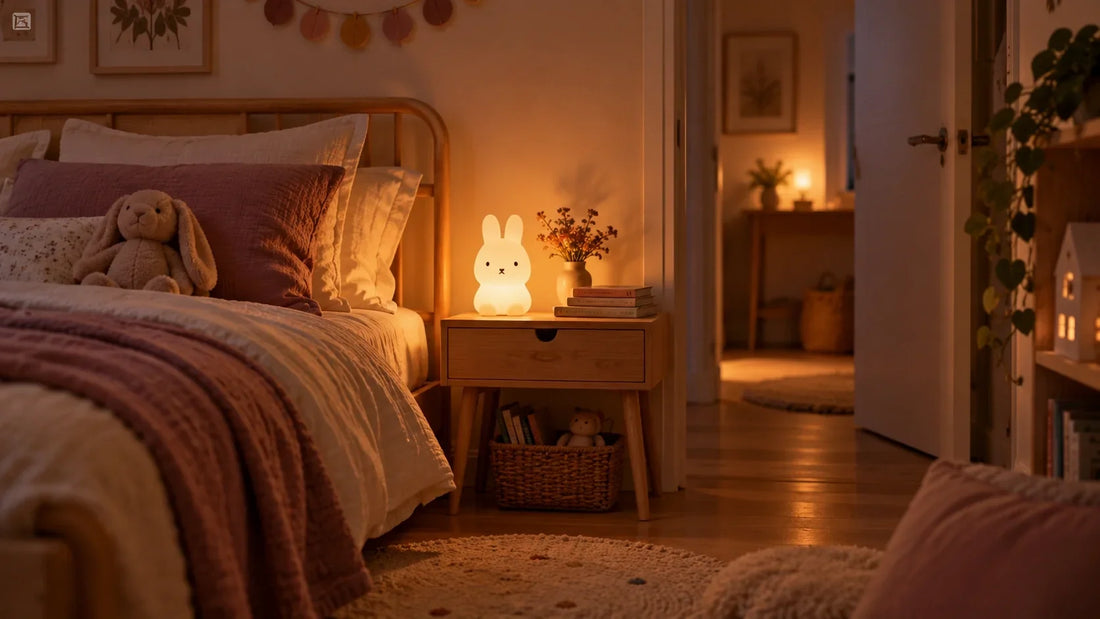 Veilleuse diffusant une lumière douce dans une chambre d’enfant avec passage visible vers la porte