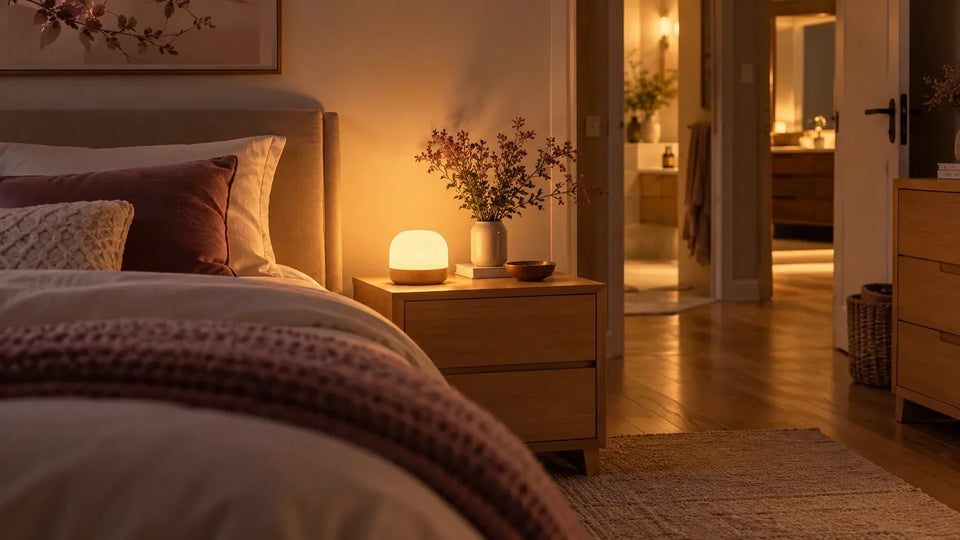 Veilleuse diffusant une lumière chaude dans une chambre adulte avec passage éclairé vers le couloir