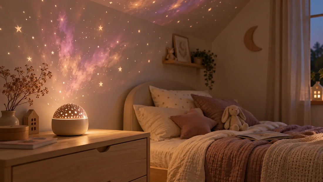 Veilleuse projecteur diffusant des étoiles et une nébuleuse sur le mur et le plafond d’une chambre d’enfant