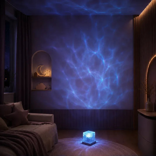 Projecteur cube cristallin projetant une lumière décorative sur un grand mur de chambre.