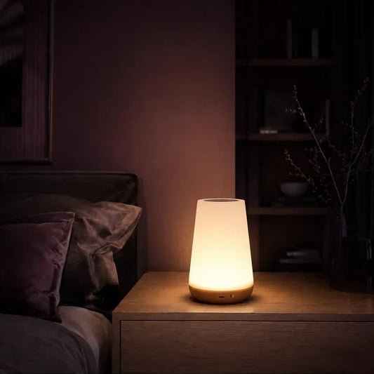 Veilleuse d’ambiance conique allumée sur une table de chevet dans une ambiance nocturne.