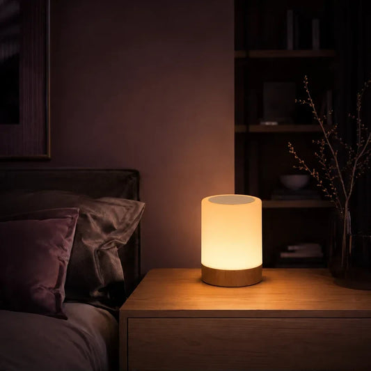 Veilleuse d’ambiance cylindrique avec base imitation bois, allumée sur une table de chevet dans une ambiance nocturne.