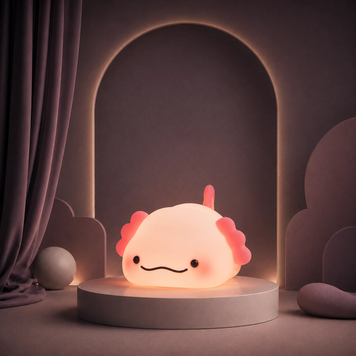 Veilleuse animal axolotl allongée sur un podium