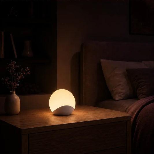 Lampe boule lumineuse sur base grise allumée sur une table de chevet dans une ambiance nocturne.