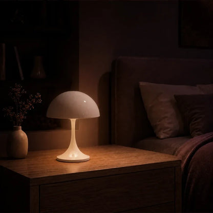 Lampe champignon blanc allumée dans une chambre adulte chaleureuse.