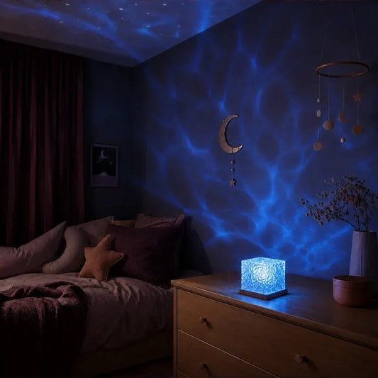 Projecteur cube cristallin allumé sur une commode avec projection visible dans la chambre.