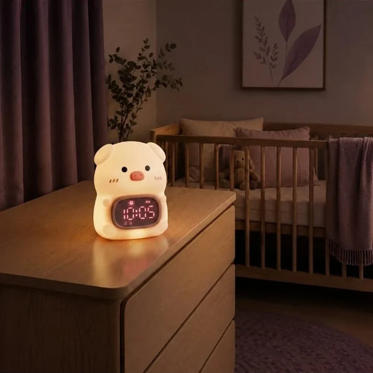 Veilleuse réveil en forme de cochon allumée sur une commode dans une chambre de bébé.