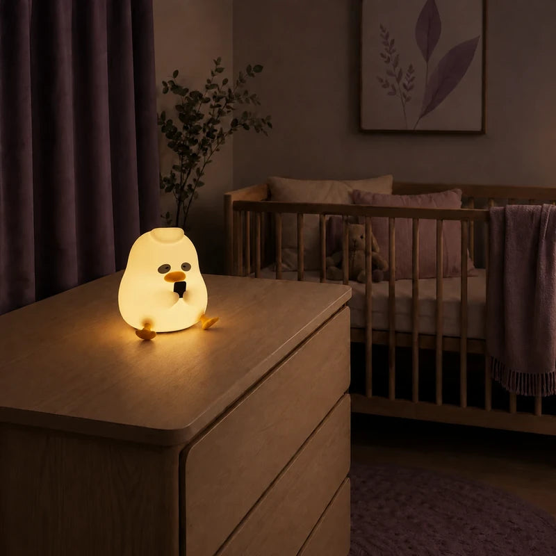 Veilleuse canard assis allumée sur une commode dans une chambre de bébé.