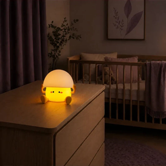 Veilleuse en forme de champignon assis allumée sur une commode dans une chambre de bébé.