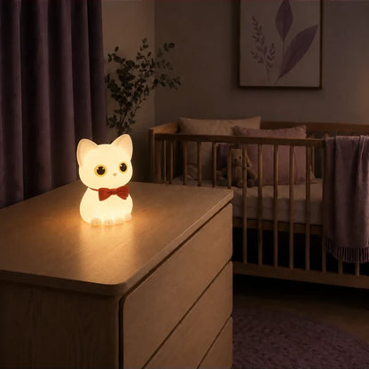 Veilleuse en forme de chat blanc avec un nœud papillon rouge allumée sur une commode dans une chambre de bébé.