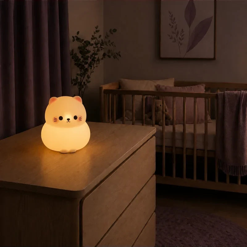 Veilleuse en forme de chat rond allumée sur une commode dans une chambre de bébé.