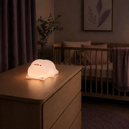 Veilleuse en forme de cochon allongé allumée sur une commode dans une chambre de bébé.