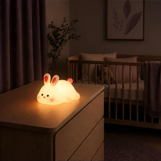 Veilleuse en forme de lapin allongé allumée sur une commode dans une chambre de bébé.