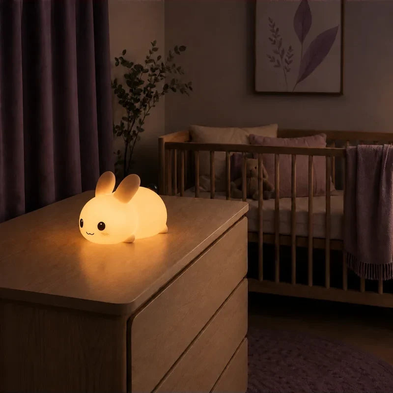 Veilleuse en forme de lapin rond allumée sur une commode dans une chambre de bébé.