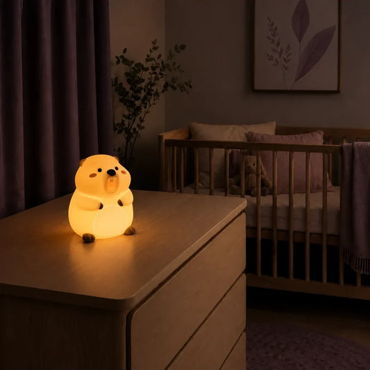 Veilleuse en forme de marmotte allumée sur une commode dans une chambre de bébé.