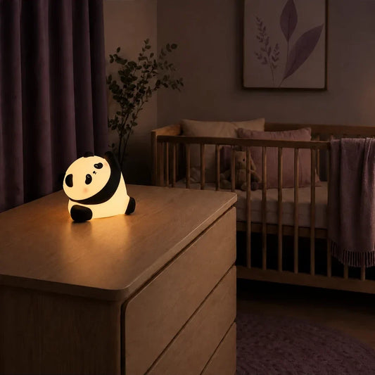 Veilleuse en forme de panda incliné allumée sur une commode dans une chambre de bébé.