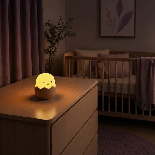 Veilleuse poussin dans sa coquille allumée sur une commode dans une chambre de bébé.