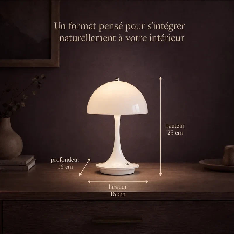 Infographie présentant les dimensions de la lampe champignon blanc.