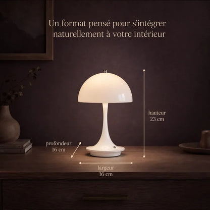 Infographie présentant les dimensions de la lampe champignon blanc.