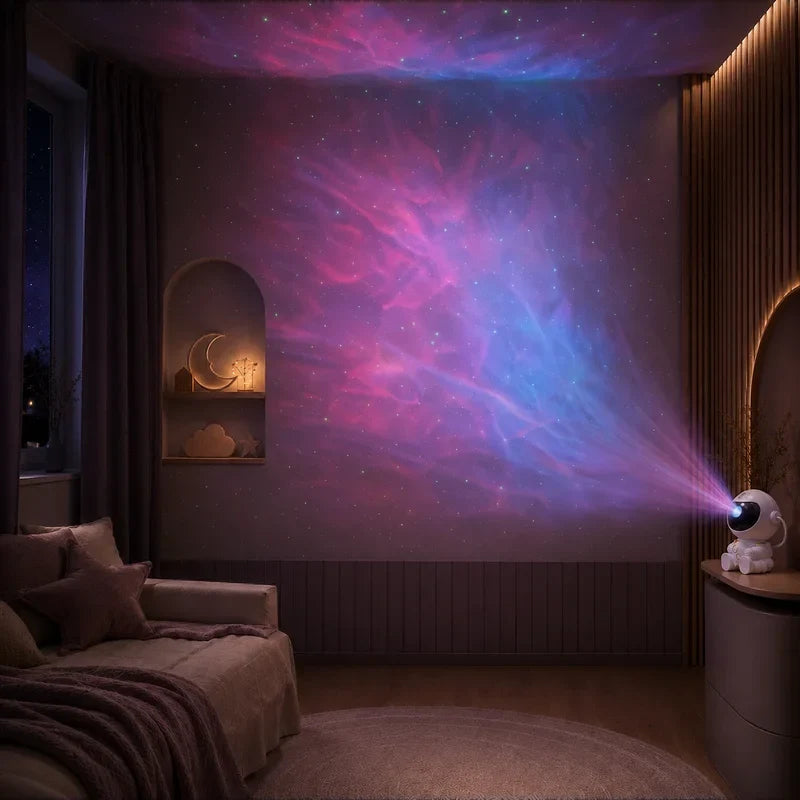 Projecteur astronaute nébuleuse projetant une lumière décorative sur un grand mur de chambre.
