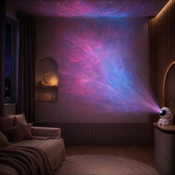 Projecteur astronaute nébuleuse projetant une lumière décorative sur un grand mur de chambre.