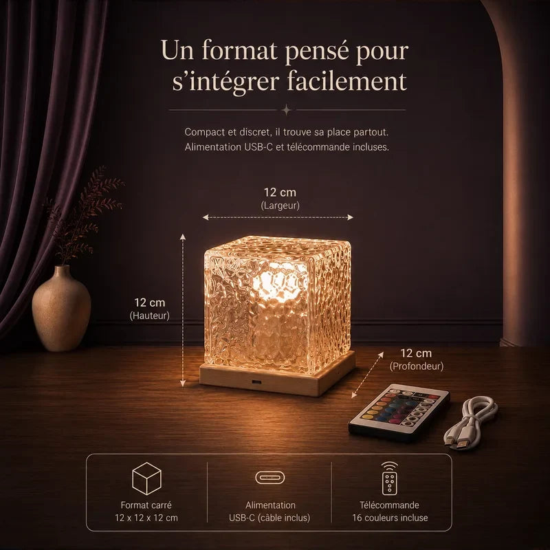 Infographie présentant les dimensions du projecteur cube cristallin.