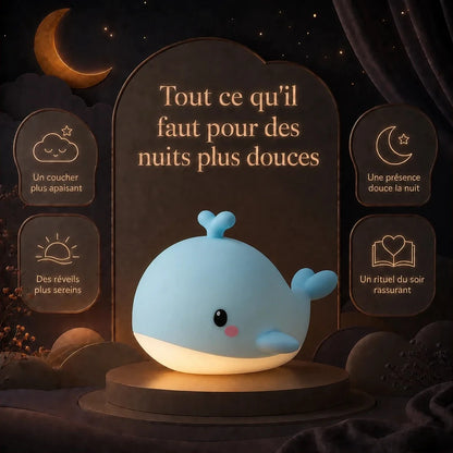 Infographie présentant les principaux bénéfices de la veilleuse en forme de baleine bleue pour la nuit.