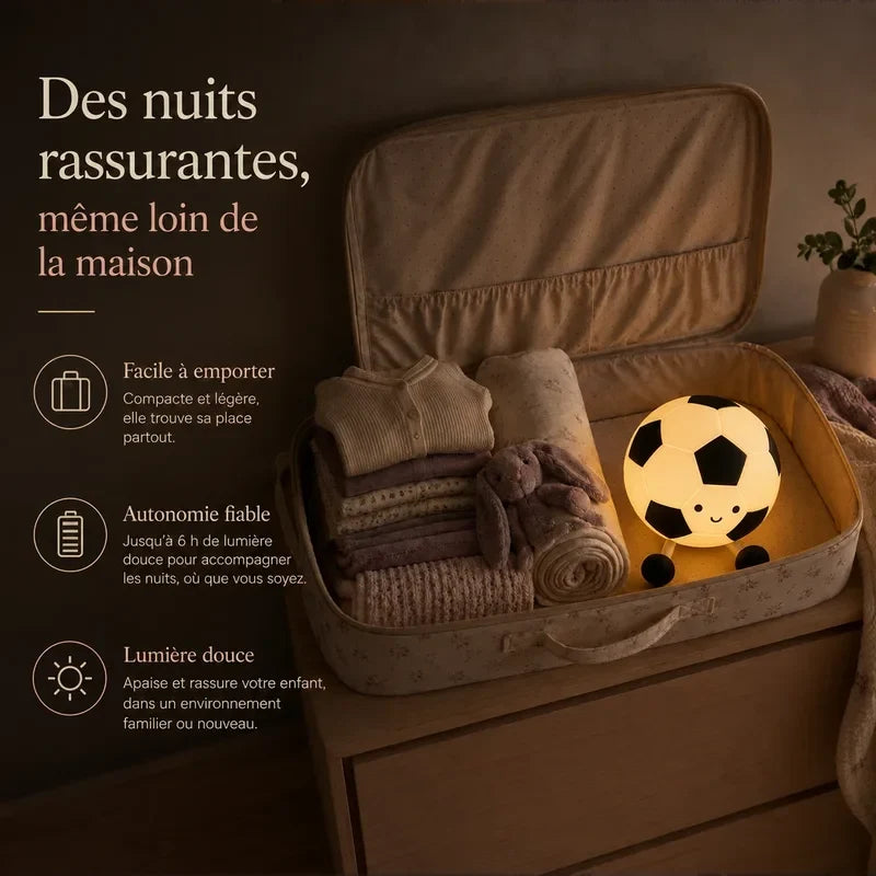 Veilleuse en forme de ballon de football rangée dans une valise pour accompagner un enfant en voyage.