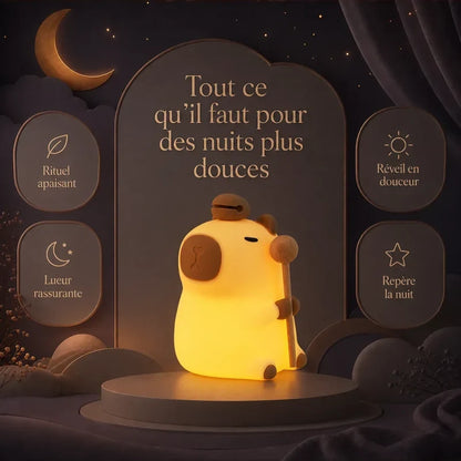 Infographie présentant les principaux bénéfices de la veilleuse en forme de capybara debout pour des nuits plus douces.