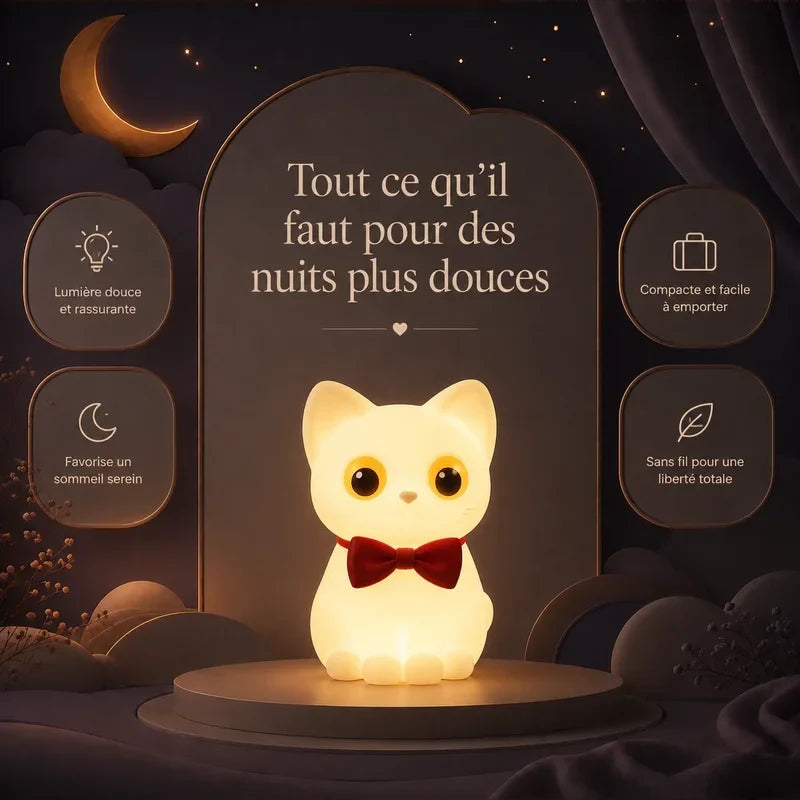 Infographie présentant les principaux bénéfices de la veilleuse en forme de chat blanc avec un nœud papillon rouge pour des nuits plus douces.