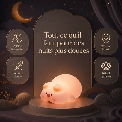 Infographie présentant les principaux bénéfices de la veilleuse en forme de cochon endormi pour la nuit.