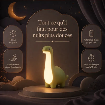 Infographie présentant les principaux bénéfices de la veilleuse en forme de dinosaure vert à long cou pour des nuits plus douces.