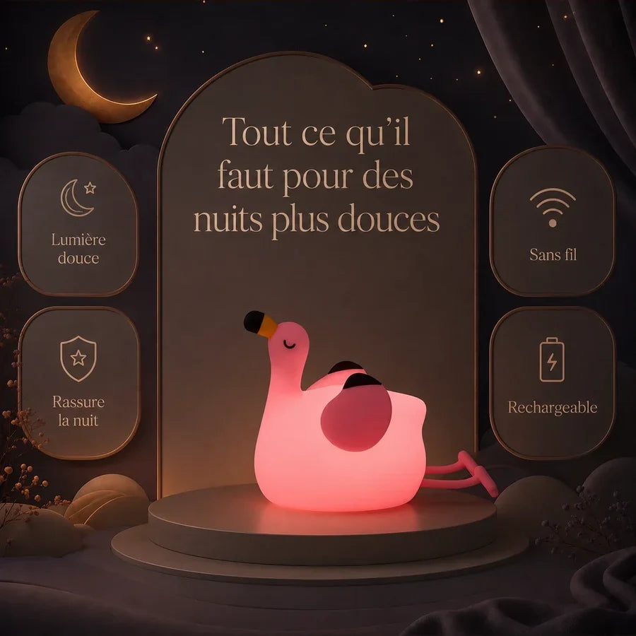 Infographie présentant les principaux bénéfices de la veilleuse en forme de flamant rose pour la nuit.
