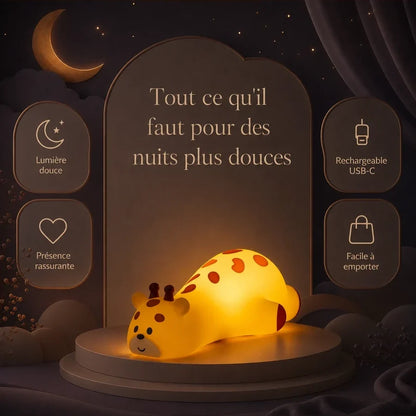 Infographie présentant les principaux bénéfices de la veilleuse en forme de girafe allongée pour la nuit.