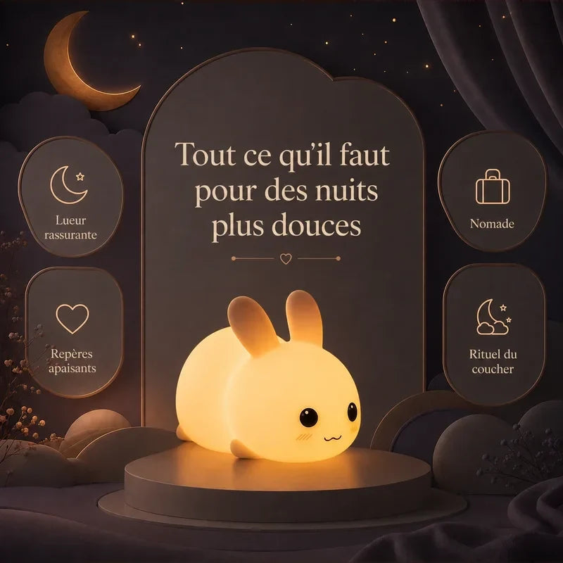Infographie présentant les principaux bénéfices de la veilleuse en forme de lapin rond pour des nuits plus douces.