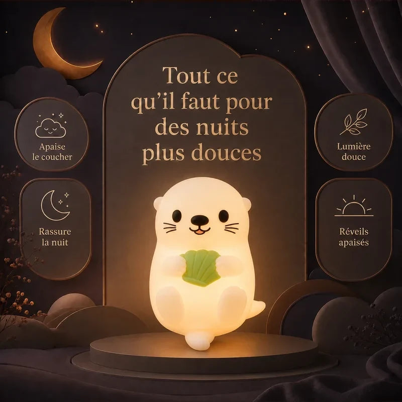 Infographie présentant les principaux bénéfices de la veilleuse en forme de loutre tenant une feuille verte pour des nuits plus douces.