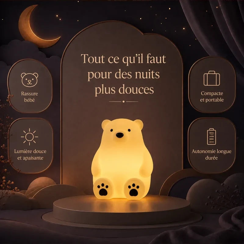Infographie présentant les principaux bénéfices de la veilleuse en forme d’ours polaire assis pour des nuits plus douces.