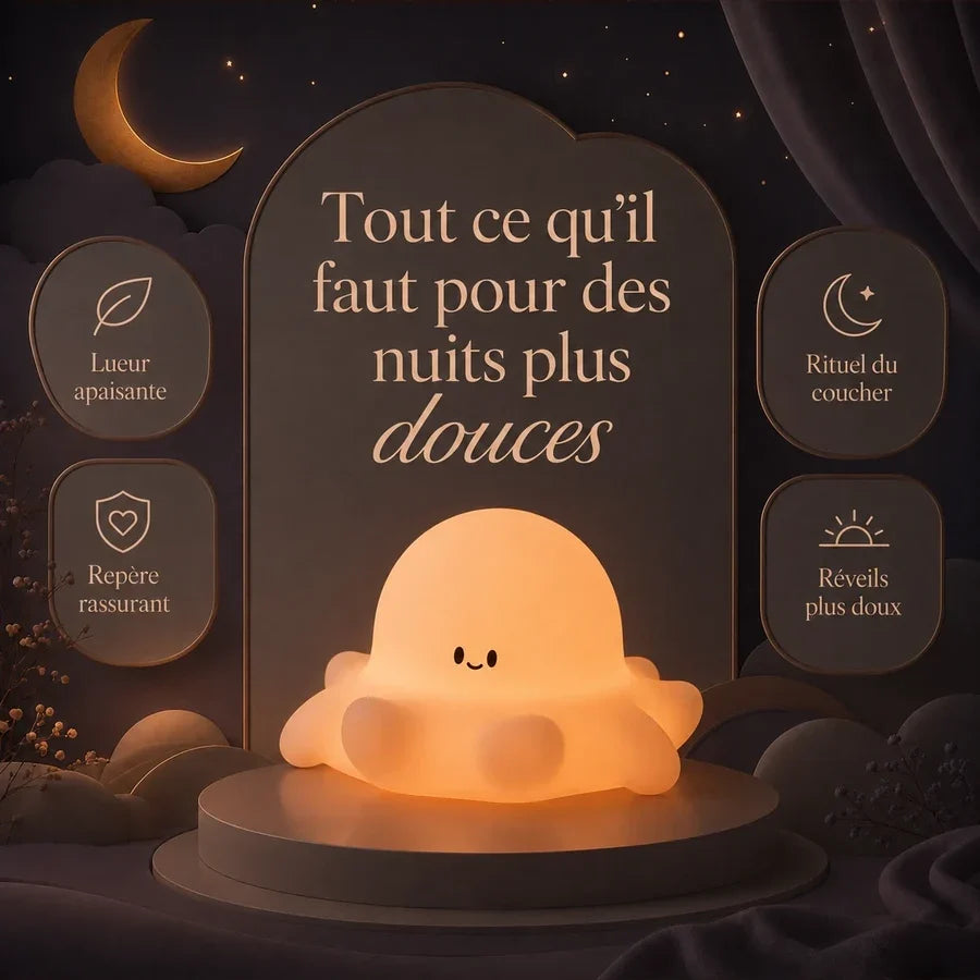 Infographie présentant les principaux bénéfices de la veilleuse en forme de poulpe pour la nuit.